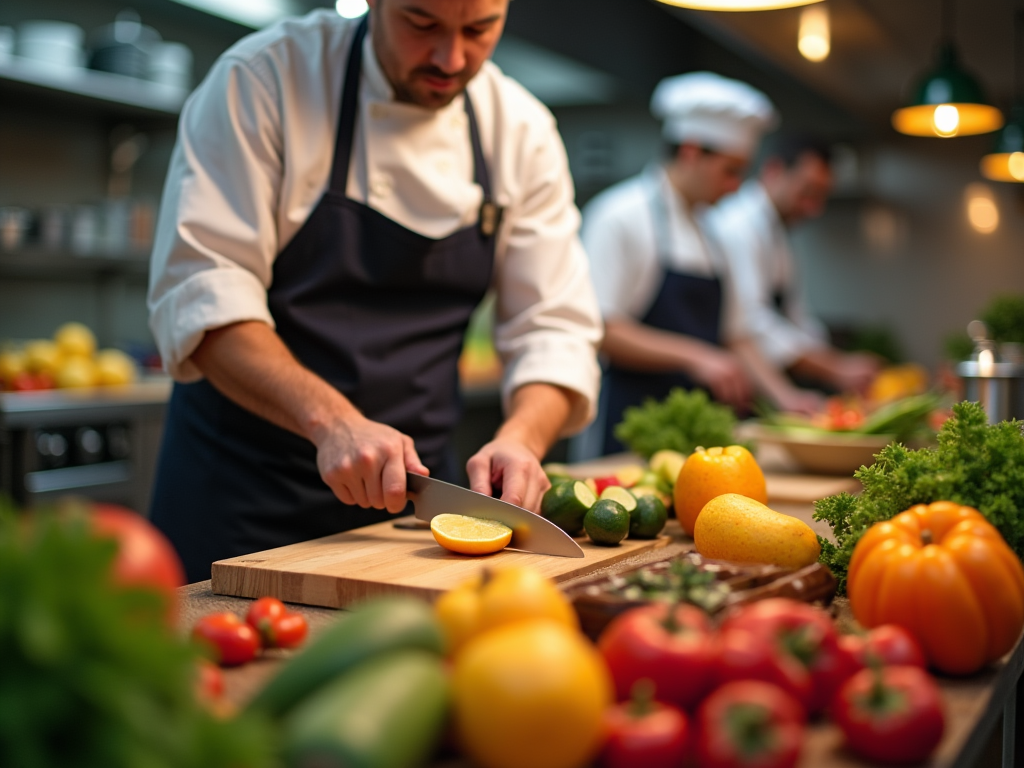 Szef kuchni kroi cytrynę na desce w restauracyjnej kuchni, w tle inni kucharze pracują.