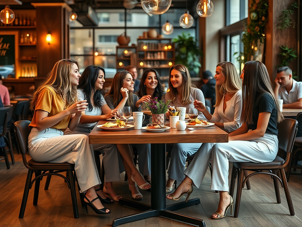 Grupa kobiet siedzi przy stole w restauracji, rozmawiając, jedząc i pijąc napoje. Przyjemna atmosfera.